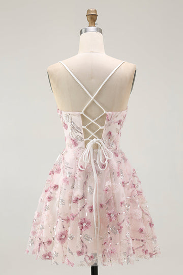 Pink Floral Sequins A Line Short Prom Dress with Lace Up Back
